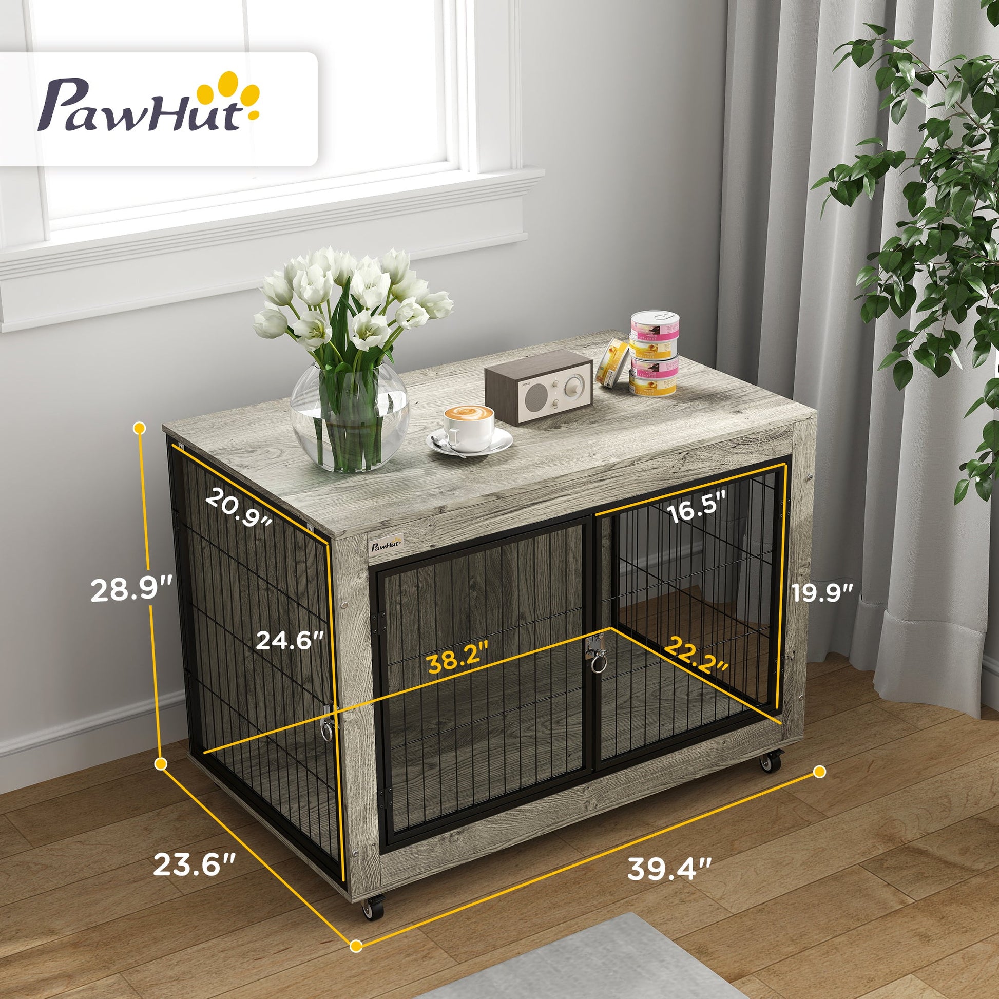 KFX-7371709 39" Multi-functional Dog Crate Furniture Side Table with Wheels - Gray, Suitable for Large Dogs Up to 66 lbs
