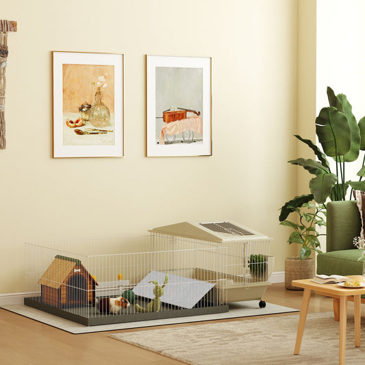 KFX-7377469 Cozy Small Animal Cage with Playpen, Hay Feeder, Water Bottle, and Food Dish