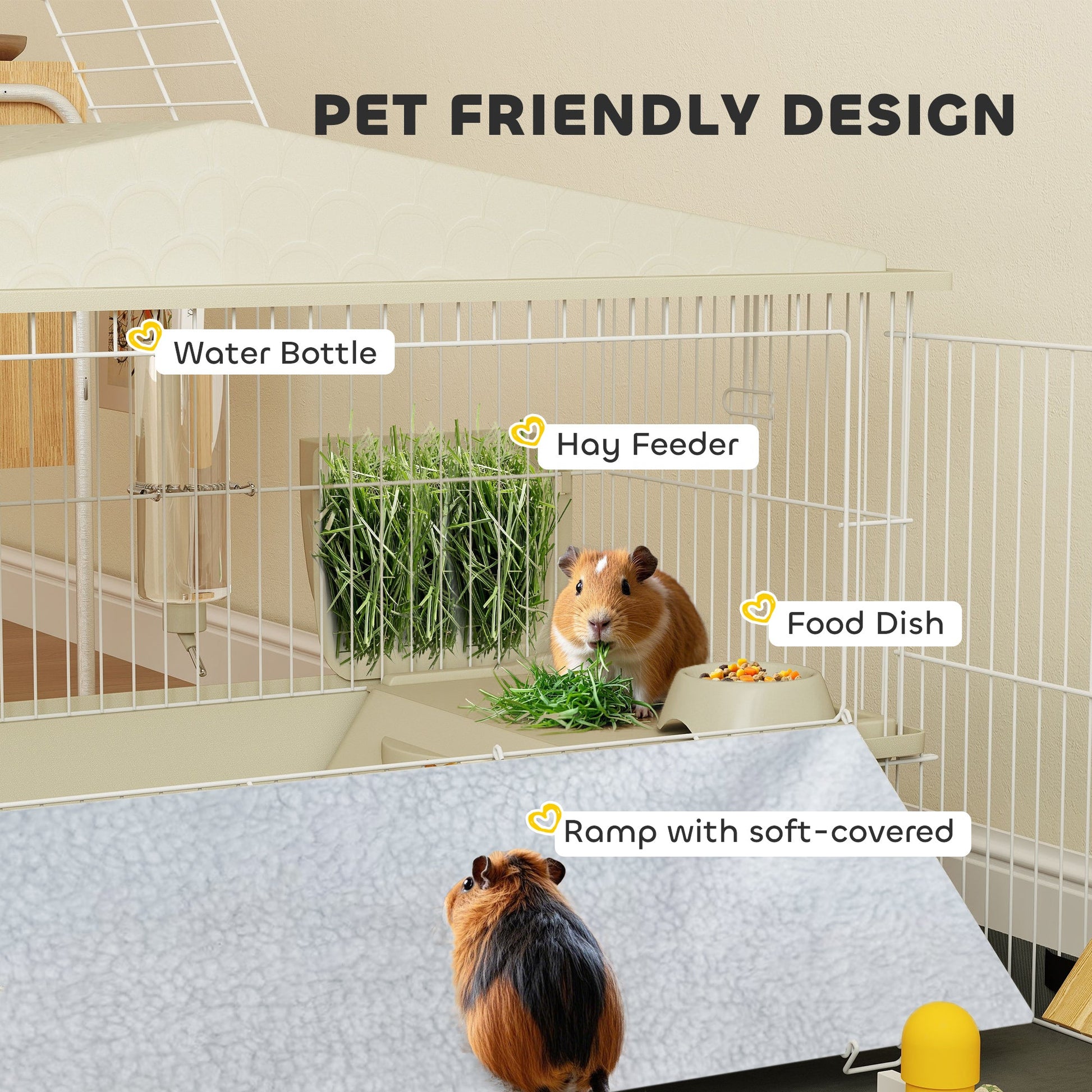 KFX-7377469 Cozy Small Animal Cage with Playpen, Hay Feeder, Water Bottle, and Food Dish