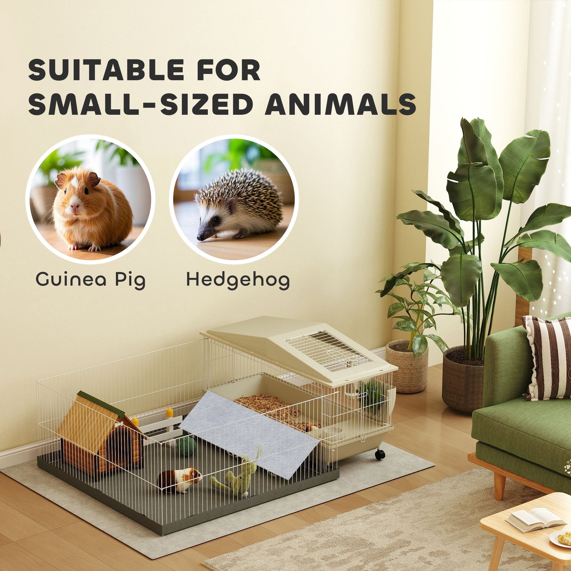 KFX-7377469 Cozy Small Animal Cage with Playpen, Hay Feeder, Water Bottle, and Food Dish