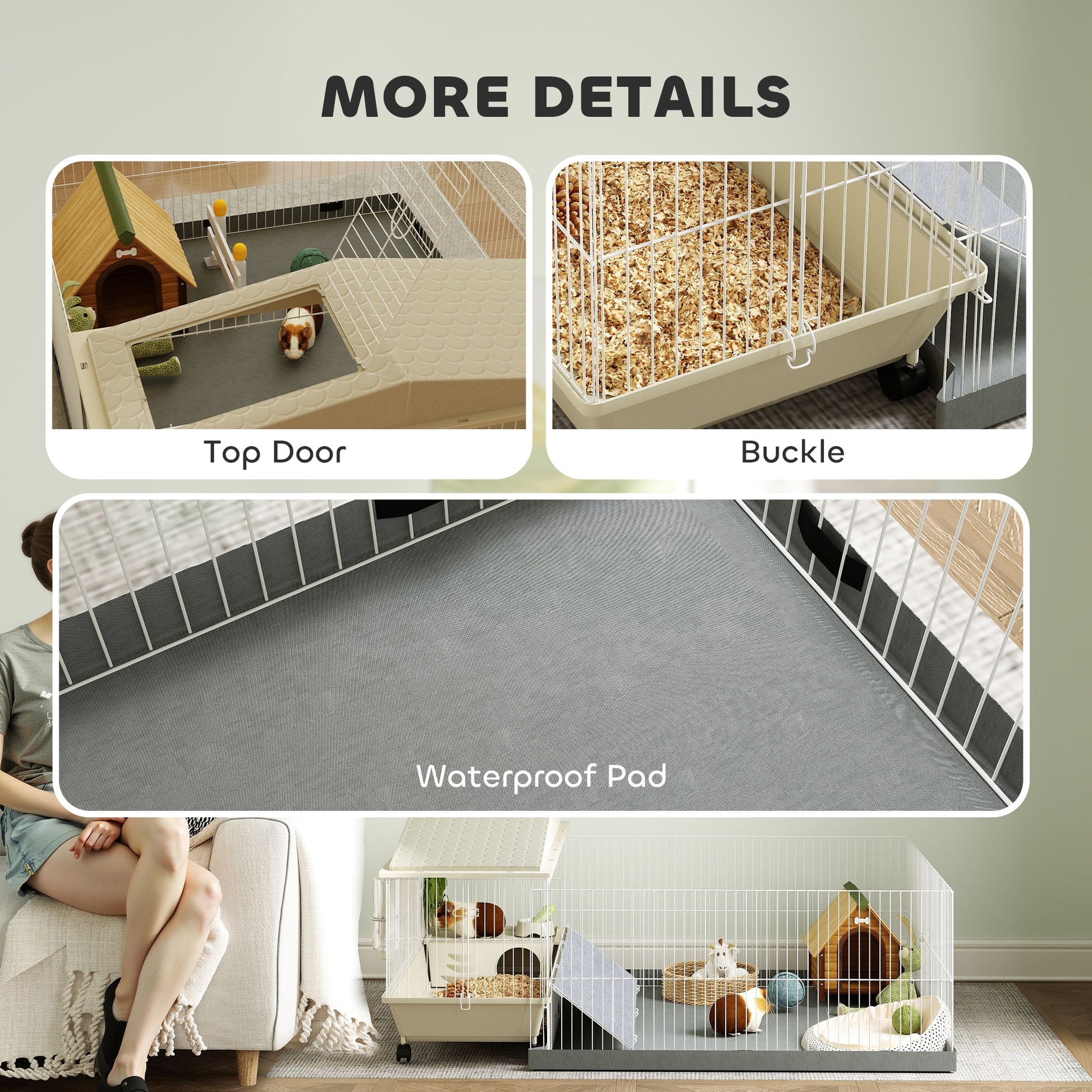 KFX-7377469 Cozy Small Animal Cage with Playpen, Hay Feeder, Water Bottle, and Food Dish