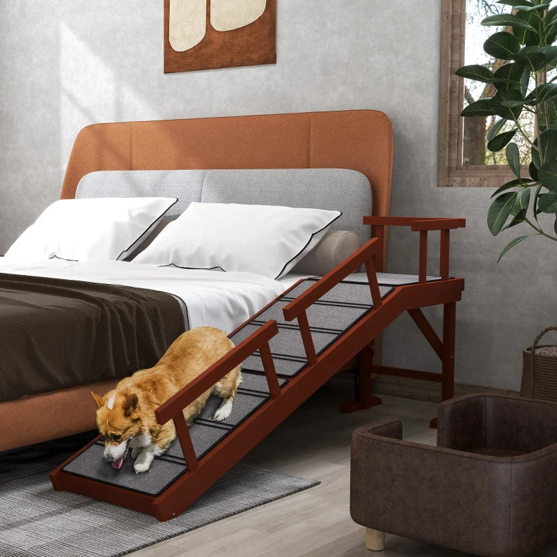 KFX-7385021 Wooden Dog Ramp with Removable Guardrails, Non-Slip Surface for Easy Access to Furniture, Brown
