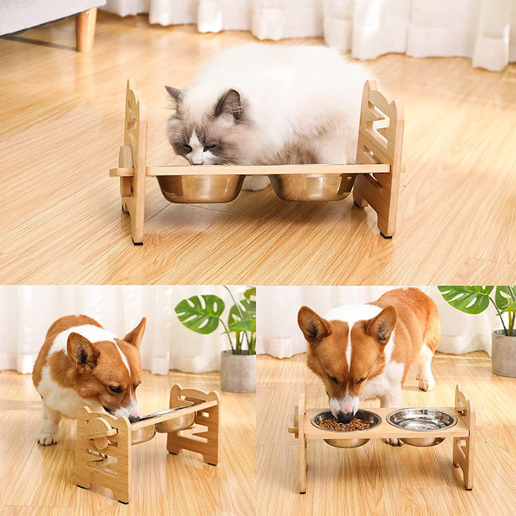 KFX-7385533 Wooden Pet Bowl Rack for Dog Food with Optional Bowls Included