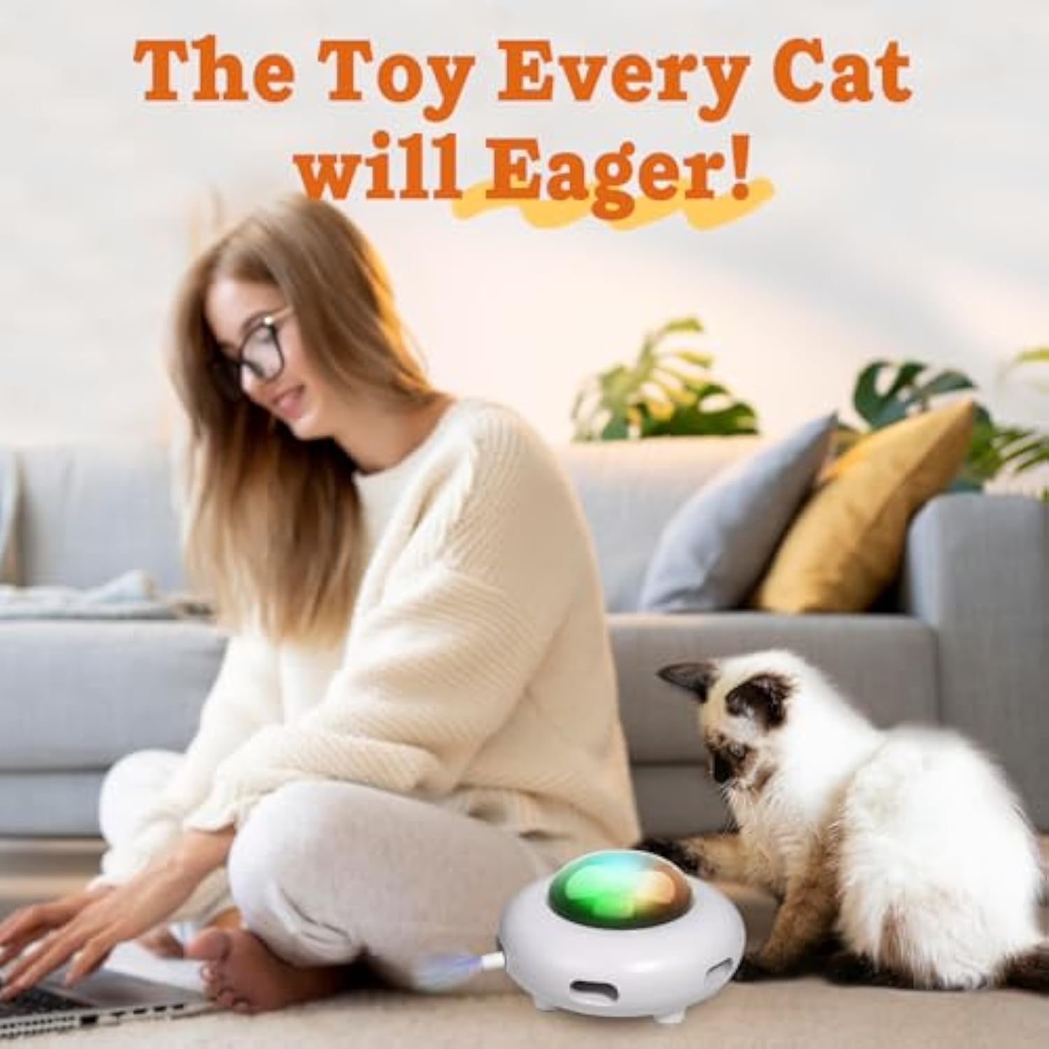 KFX-7386813 Automatic Interactive Cat Toy with Feather, Multi-Mode Play, USB Rechargeable, Cat Hair Removal Feature