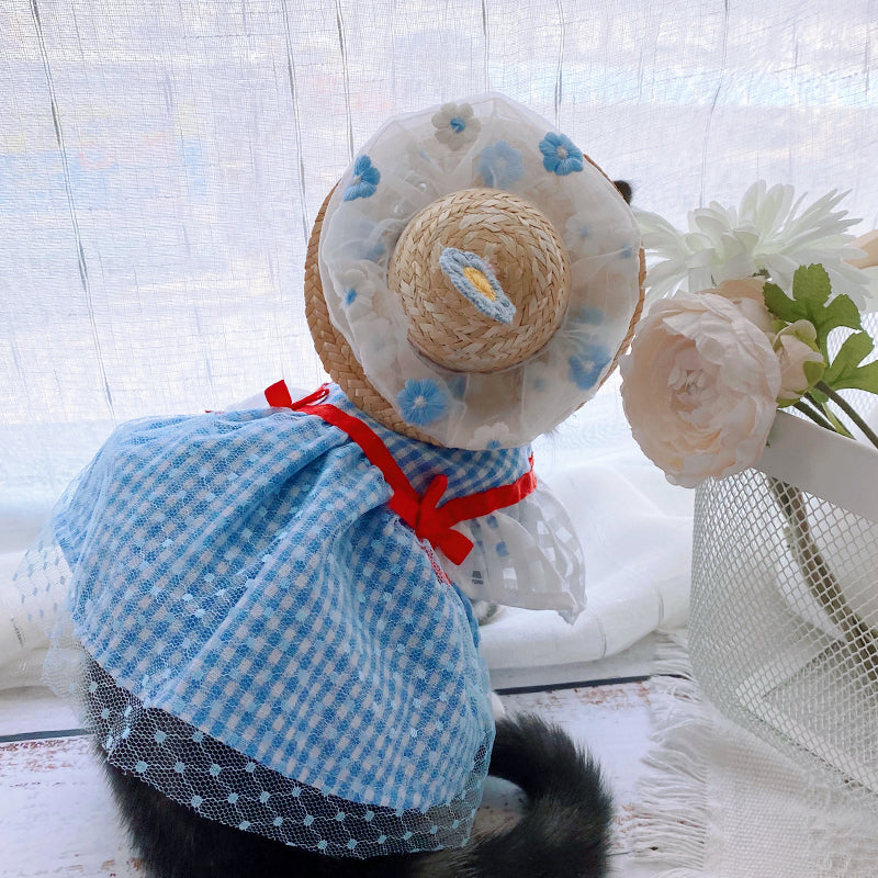 KFX-7389885 Blue Mesh Tutu Skirt with Pink or Blue Straw Hat for Small Dogs and Cats