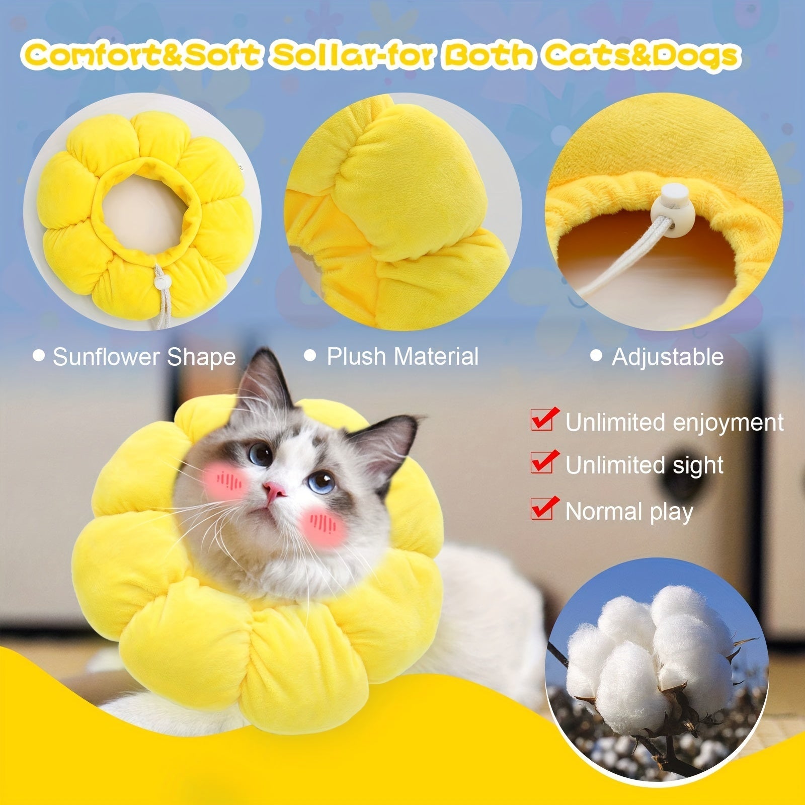 KFX-7392573 Adjustable Sunflower Pet Recovery Collar for Small Dogs and Cats, Soft Cotton Wound Healing Cone for Post-Surgery Comfort