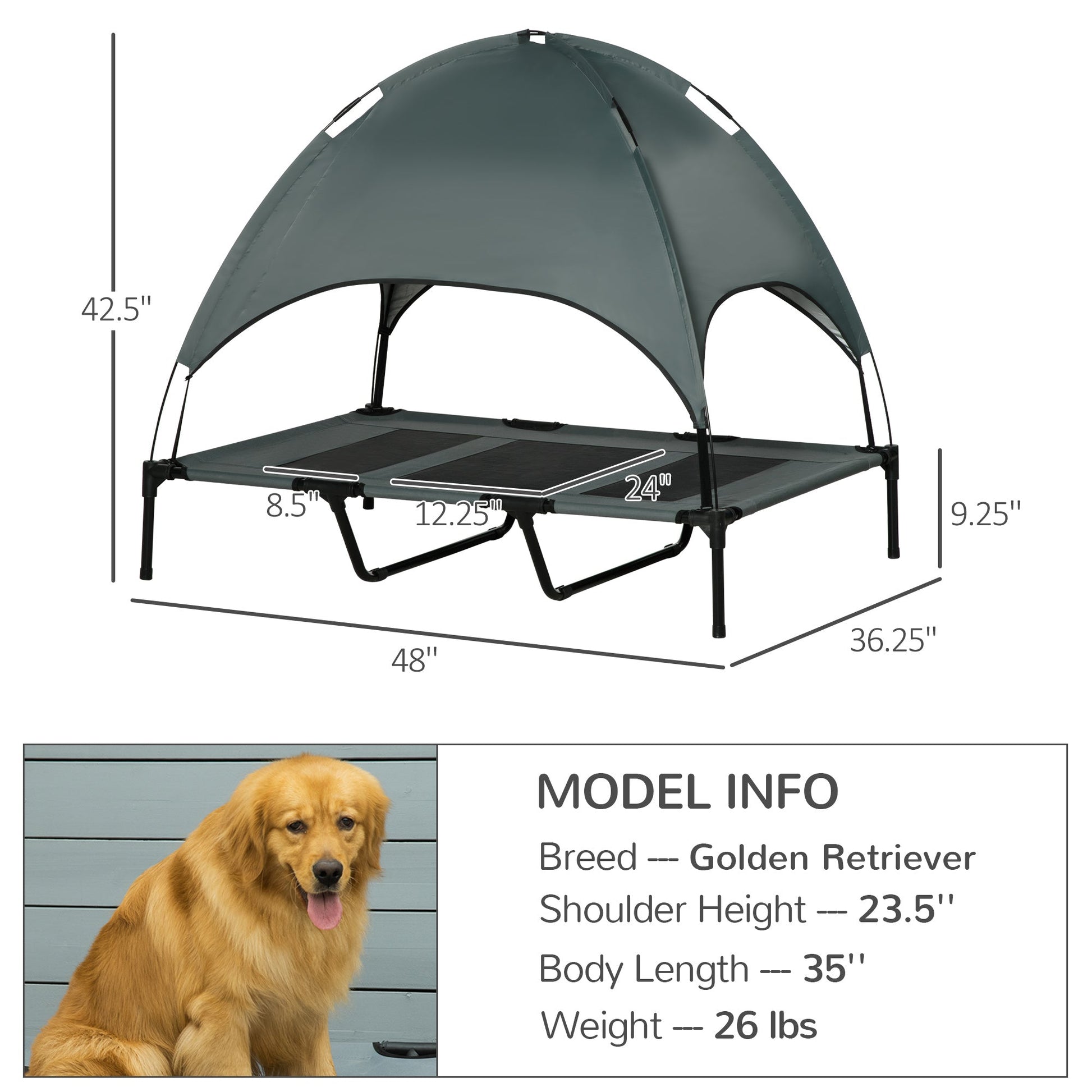 KFX-7393725 Elevated Portable Dog Cot with Canopy Shade and UV Protection - 48" x 36" Cooling Pet Bed