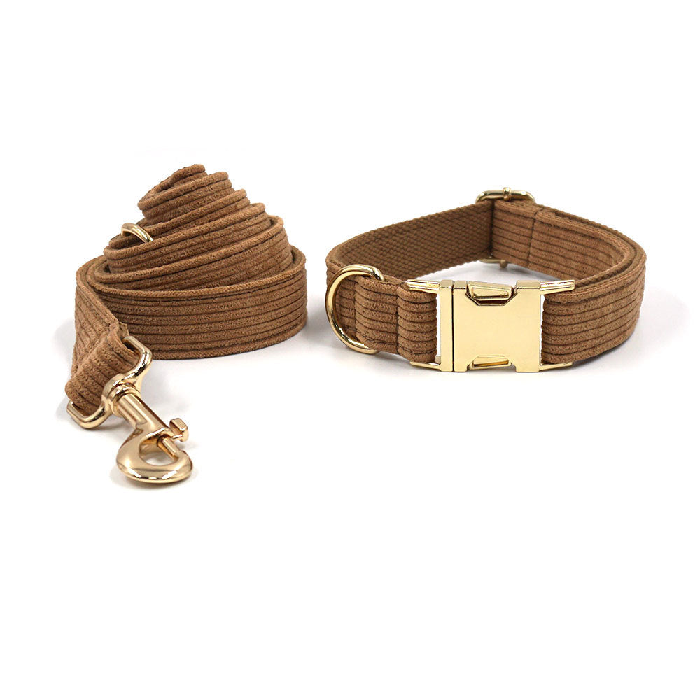 KFX-7397693 Brown Corduroy Pet Collar Set with Gold Buckle, Rope, Bow, Garbage Pack, and Chest Harness