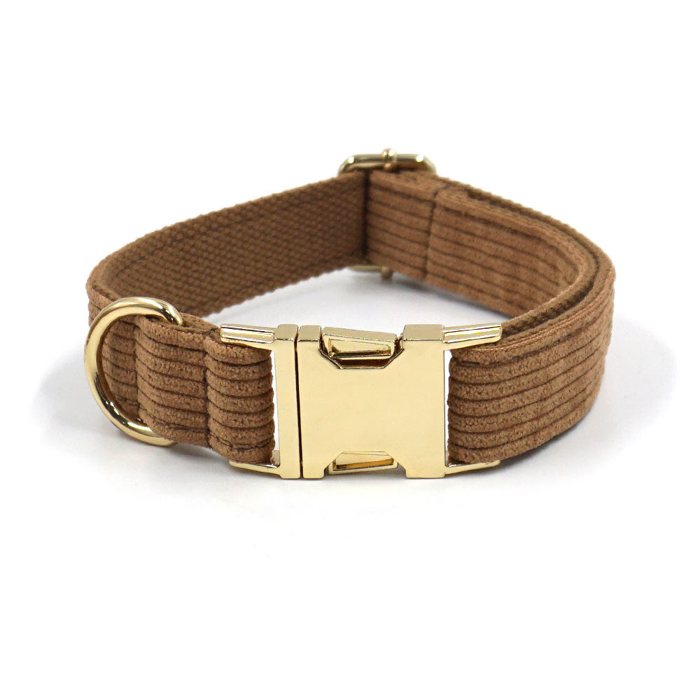 KFX-7397693 Brown Corduroy Pet Collar Set with Gold Buckle, Rope, Bow, Garbage Pack, and Chest Harness