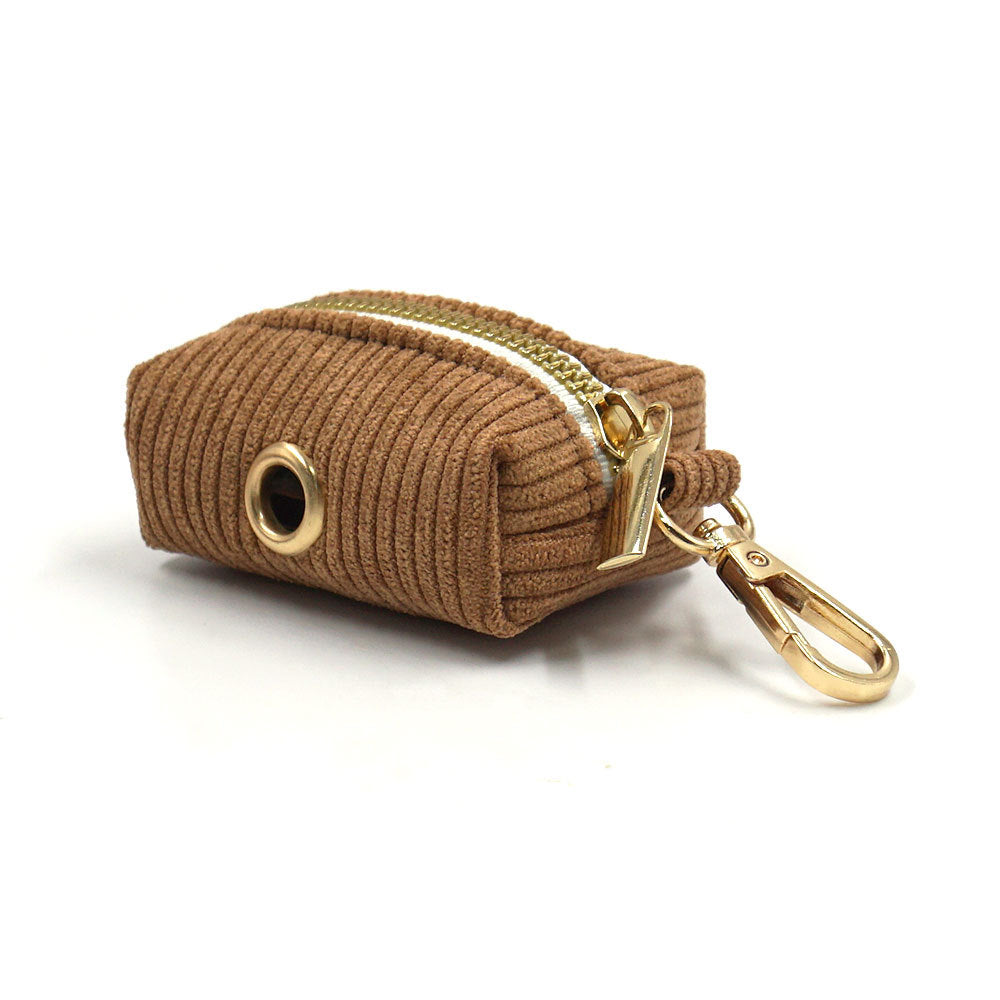 KFX-7397693 Brown Corduroy Pet Collar Set with Gold Buckle, Rope, Bow, Garbage Pack, and Chest Harness