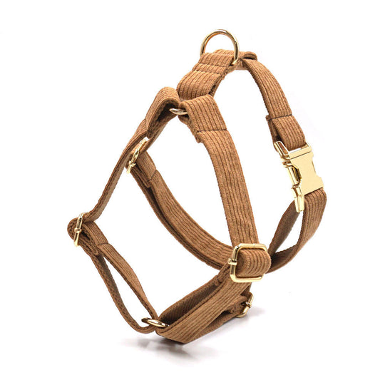 KFX-7397693 Brown Corduroy Pet Collar Set with Gold Buckle, Rope, Bow, Garbage Pack, and Chest Harness
