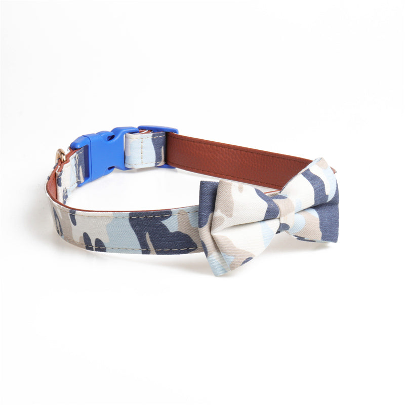 KFX-7403069 Bowknot Adjustable Traction Collar for Small to Large Dogs - 100% Cotton & PU Leather, Lattice Pattern