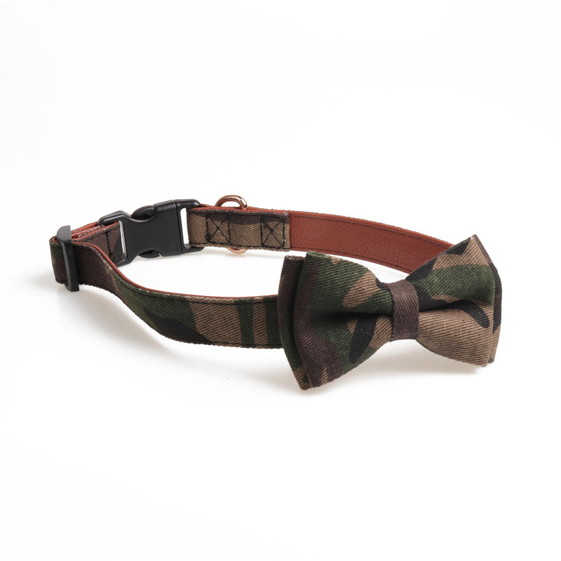 KFX-7403069 Bowknot Adjustable Traction Collar for Small to Large Dogs - 100% Cotton & PU Leather, Lattice Pattern
