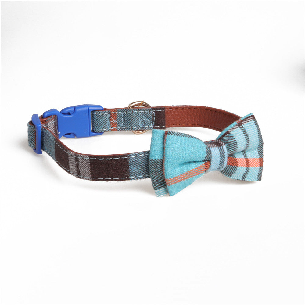 KFX-7403069 Bowknot Adjustable Traction Collar for Small to Large Dogs - 100% Cotton & PU Leather, Lattice Pattern