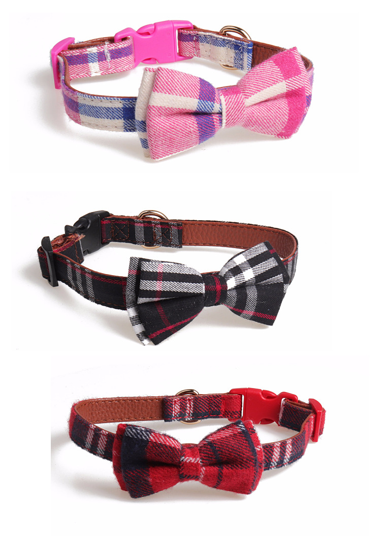 KFX-7403069 Bowknot Adjustable Traction Collar for Small to Large Dogs - 100% Cotton & PU Leather, Lattice Pattern