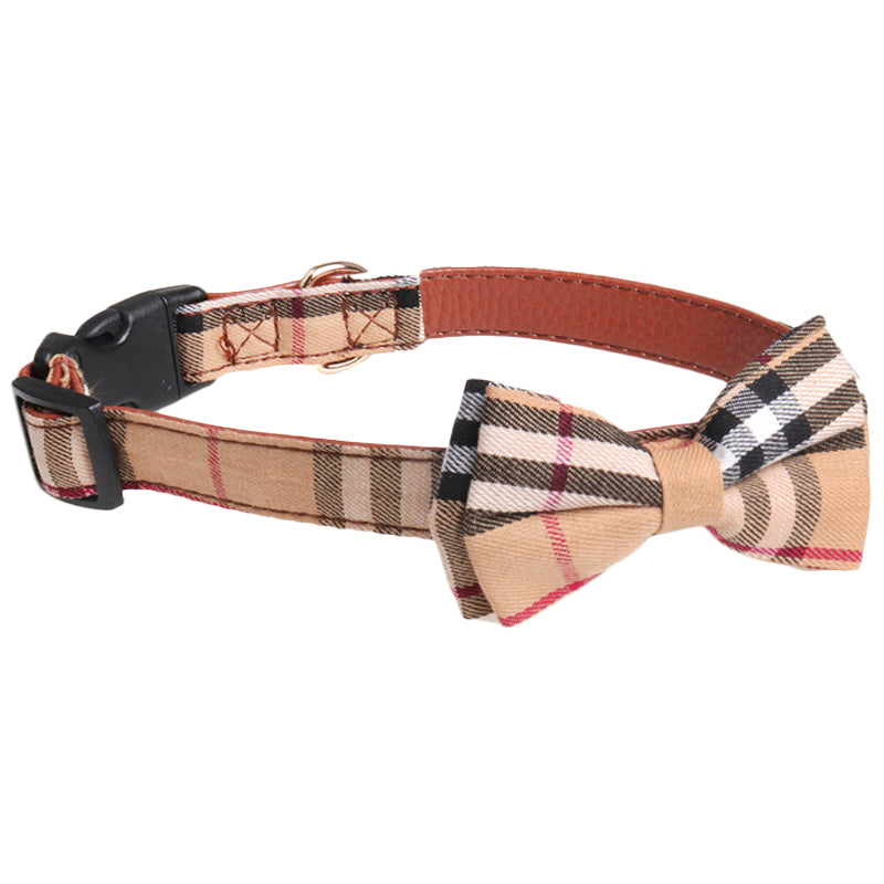 KFX-7403069 Bowknot Adjustable Traction Collar for Small to Large Dogs - 100% Cotton & PU Leather, Lattice Pattern
