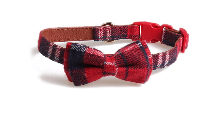 KFX-7403069 Bowknot Adjustable Traction Collar for Small to Large Dogs - 100% Cotton & PU Leather, Lattice Pattern