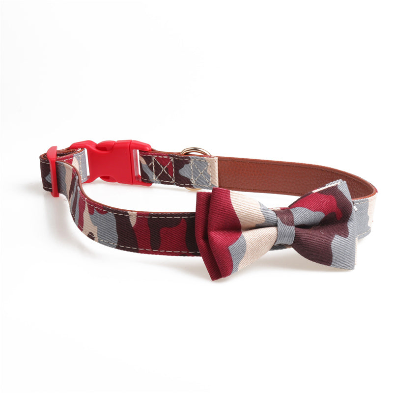 KFX-7403069 Bowknot Adjustable Traction Collar for Small to Large Dogs - 100% Cotton & PU Leather, Lattice Pattern