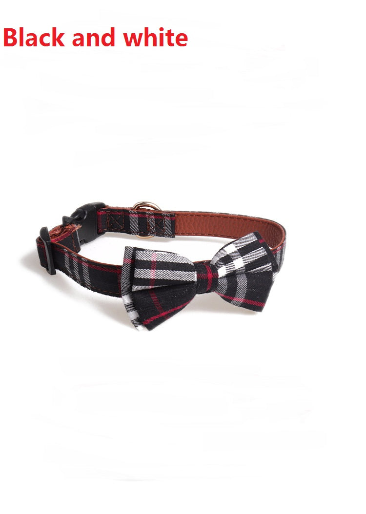 KFX-7403069 Bowknot Adjustable Traction Collar for Small to Large Dogs - 100% Cotton & PU Leather, Lattice Pattern