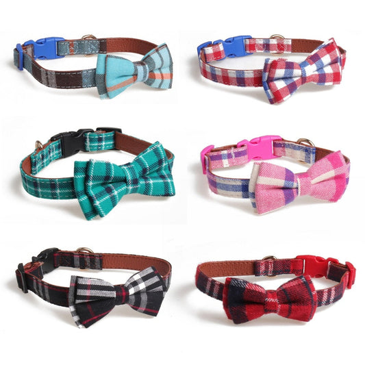 KFX-7403069 Bowknot Adjustable Traction Collar for Small to Large Dogs - 100% Cotton & PU Leather, Lattice Pattern