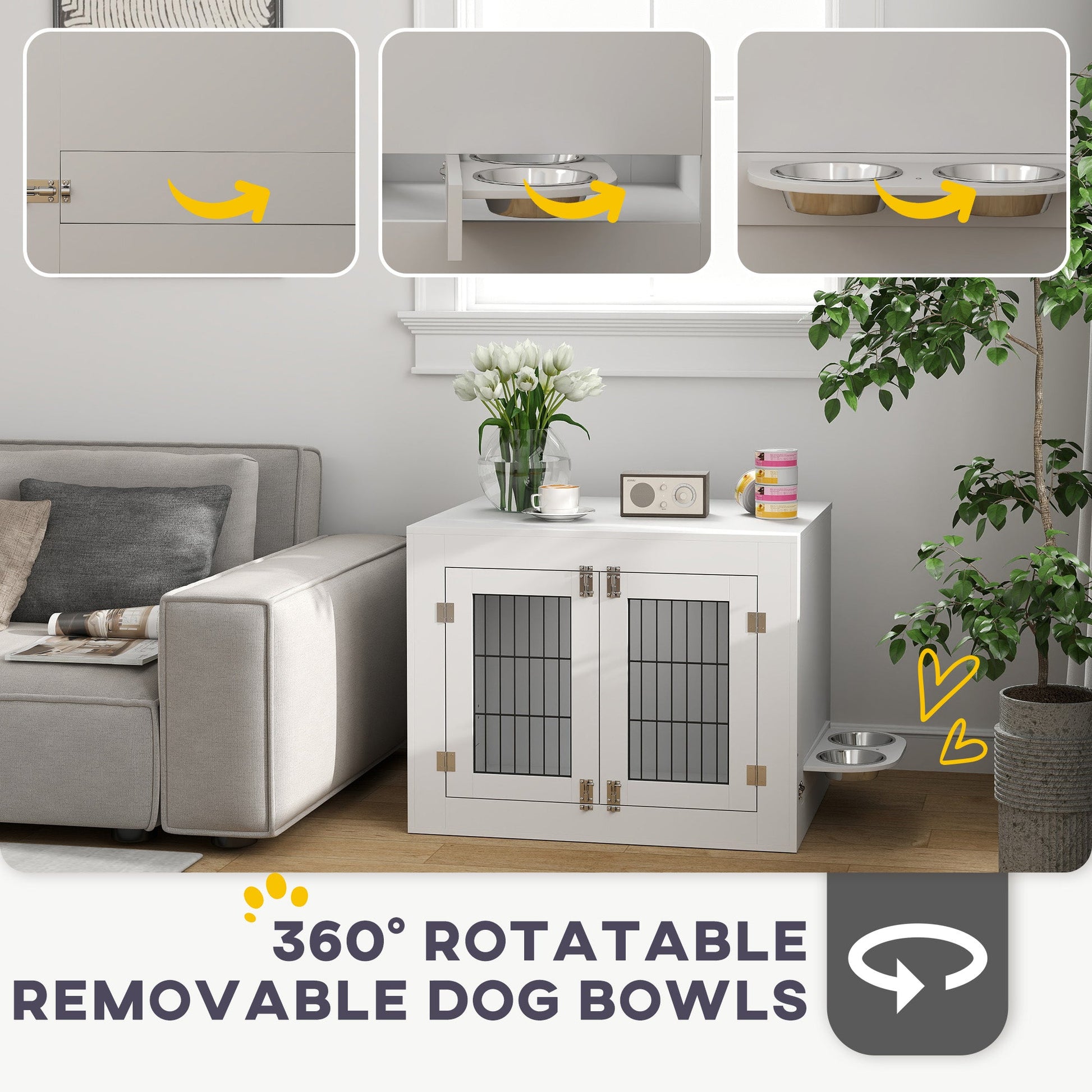 KFX-7404477 Multi-Functional Dog Crate Furniture with Rotating Bowls for Medium Dogs