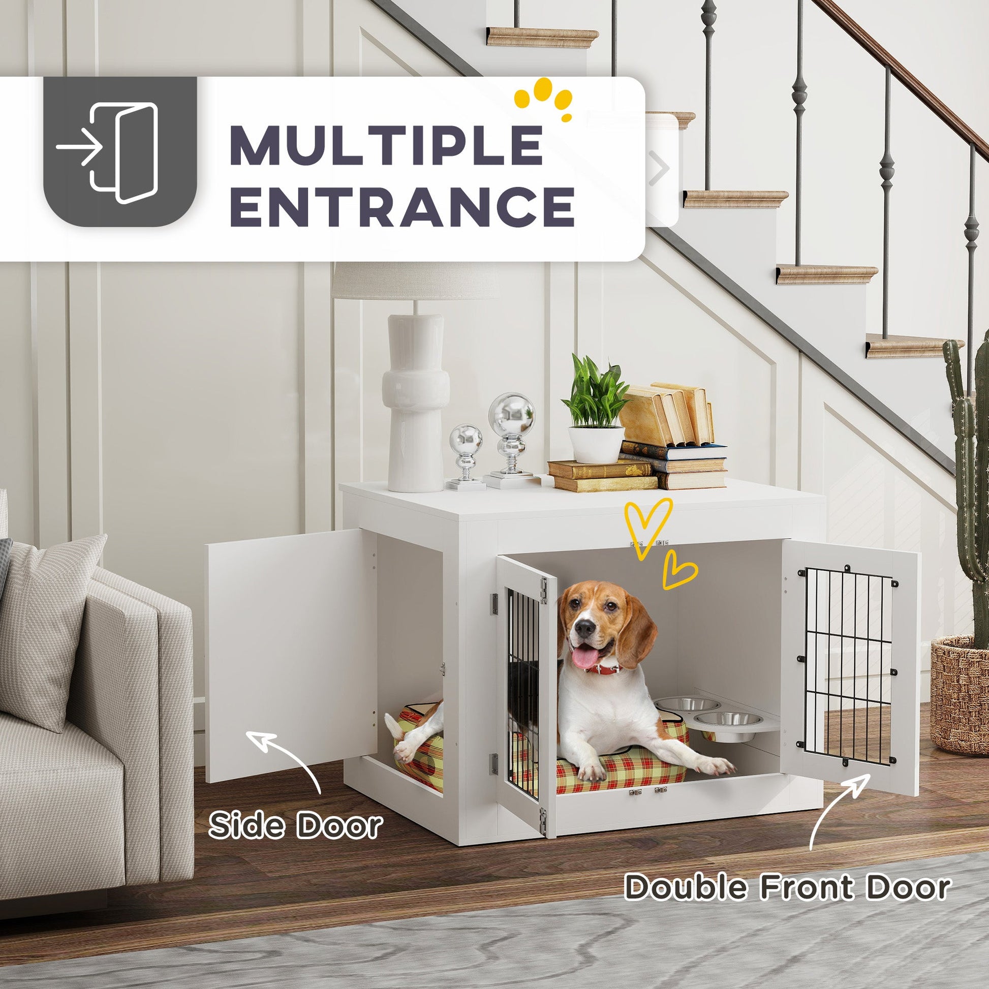 KFX-7404477 Multi-Functional Dog Crate Furniture with Rotating Bowls for Medium Dogs