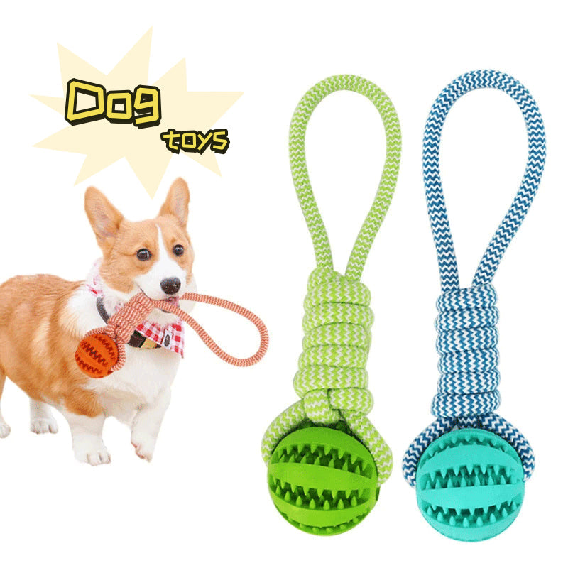 KFX-7409213 Interactive Rubber Dog Chew Ball with Rope - Tooth Cleaning Toy for Small to Medium Dogs