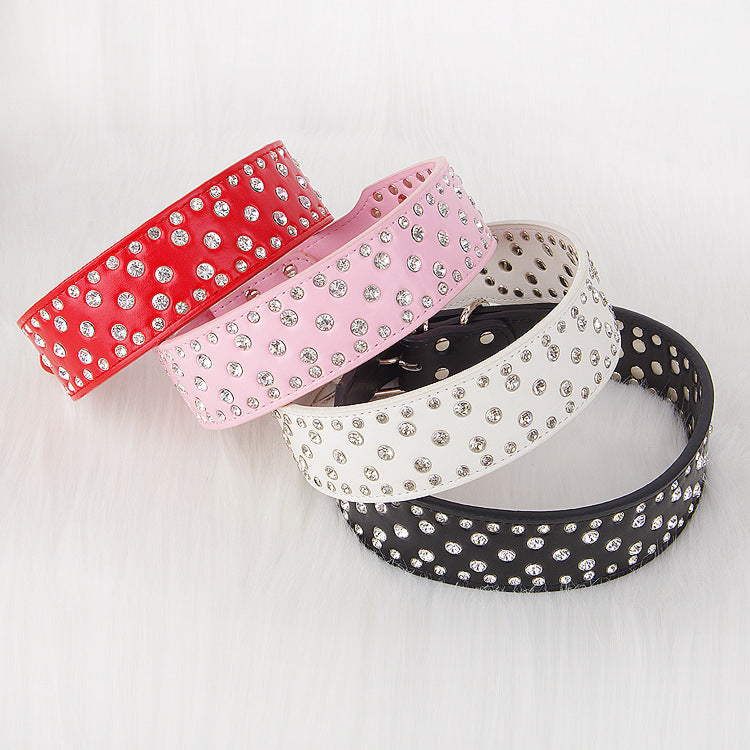 KFX-7414333 Elegant Rhinestone Leather Dog Collar for Small, Medium, and Large Dogs in Black, White, Red, and Pink
