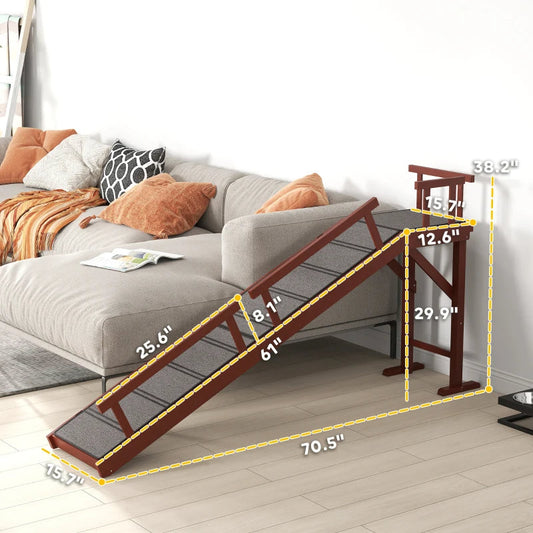 KFX-7417789 Wooden Pet Ramp with Removable Guardrails and Non-Slip Surface for Easy Access to Furniture