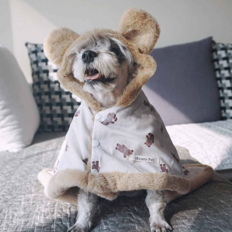 KFX-7422653 Warm Dehaired Angora Printed Cloak and Blanket for Pets - Sizes S, M, L Available in Beige Bear and Blue Cow