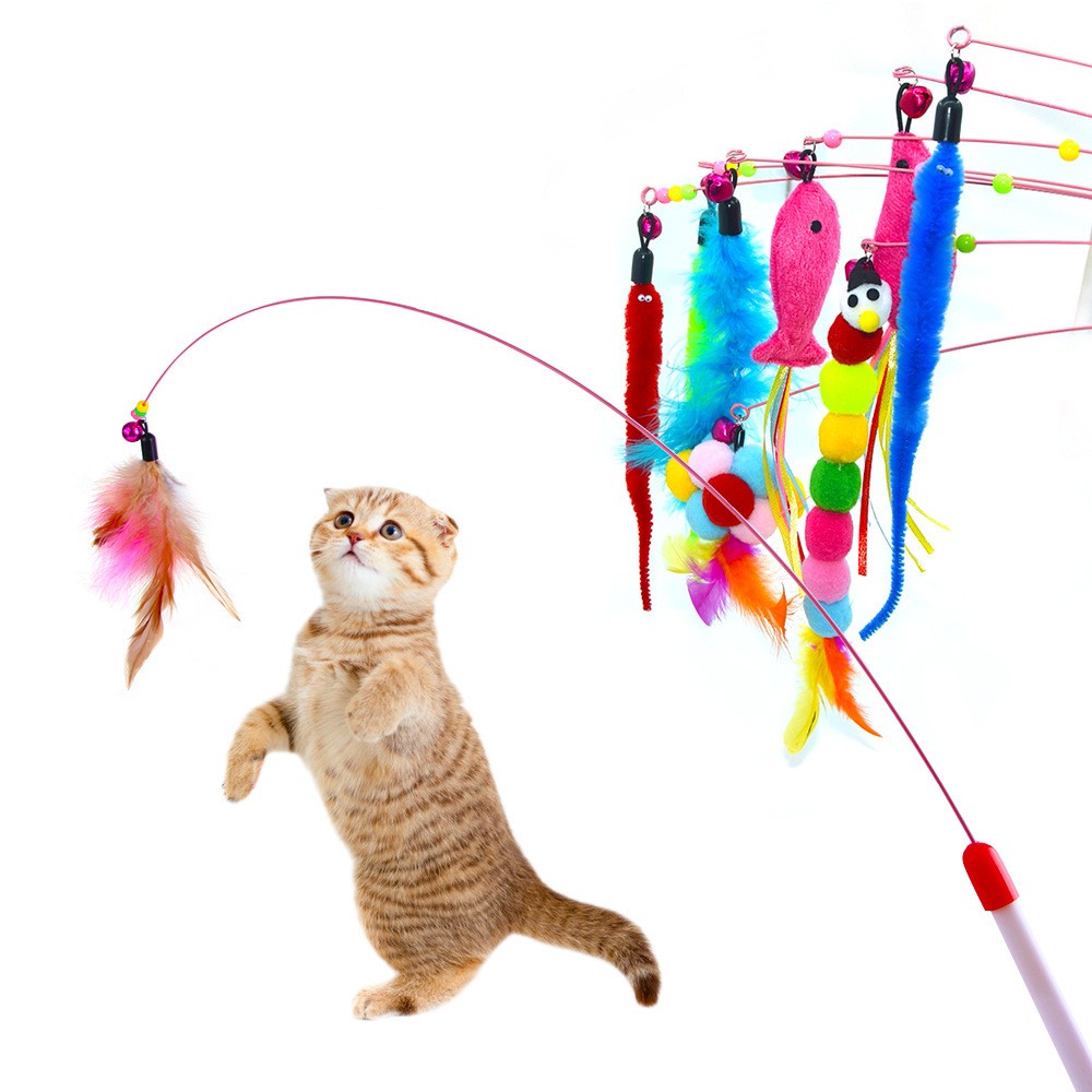 KFX-7422909 Stainless Steel Cat Teasing Stick with Feather and Bell Toys