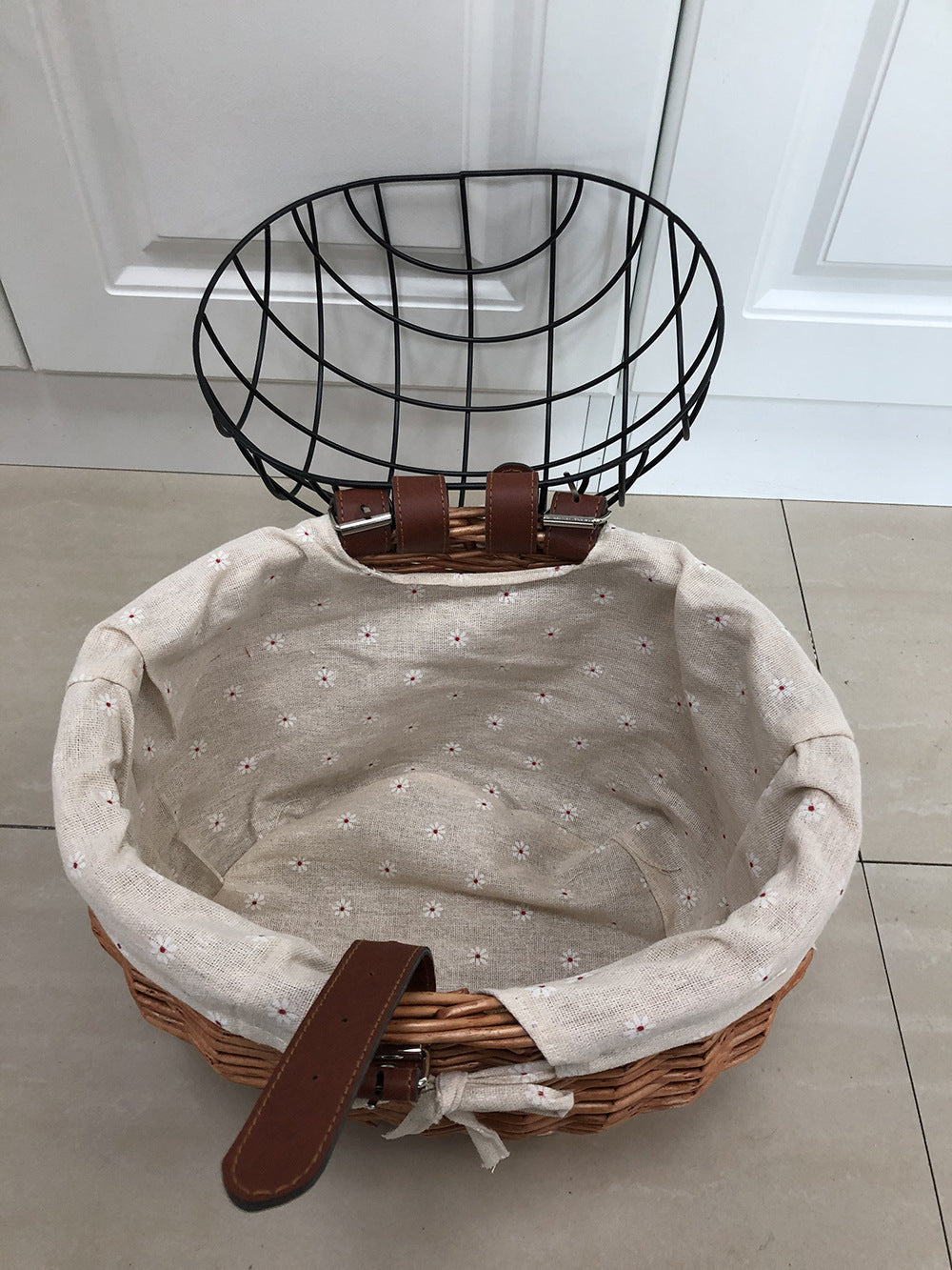 KFX-7431869 Handmade Willow Pet Bicycle Basket with Iron Frame - 30x25x30cm, Includes Belt