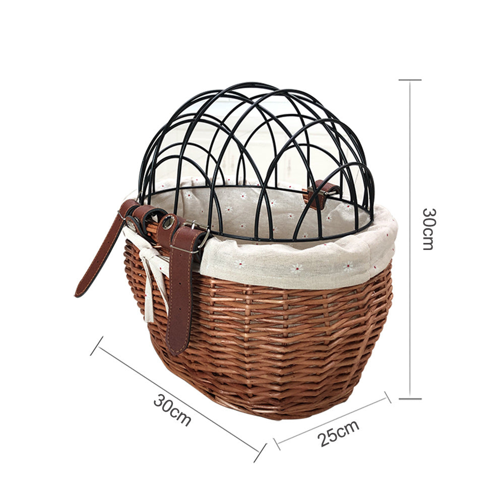 KFX-7431869 Handmade Willow Pet Bicycle Basket with Iron Frame - 30x25x30cm, Includes Belt
