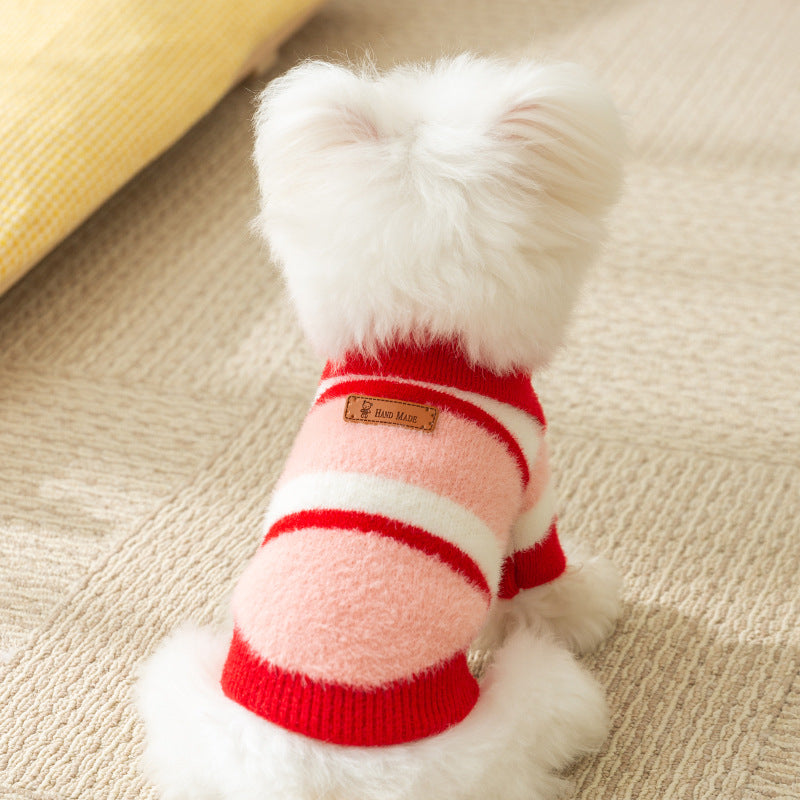 KFX-7432381 Polo Collar Pet Cardigan for Small Dogs - Warm Knit Sweater in Pink and Blue-Brown Stripes
