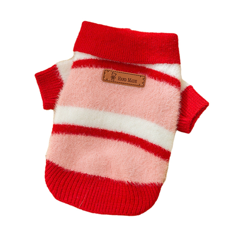 KFX-7432381 Polo Collar Pet Cardigan for Small Dogs - Warm Knit Sweater in Pink and Blue-Brown Stripes