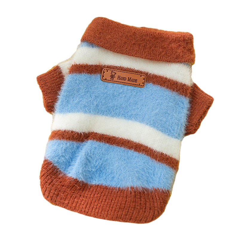 KFX-7432381 Polo Collar Pet Cardigan for Small Dogs - Warm Knit Sweater in Pink and Blue-Brown Stripes