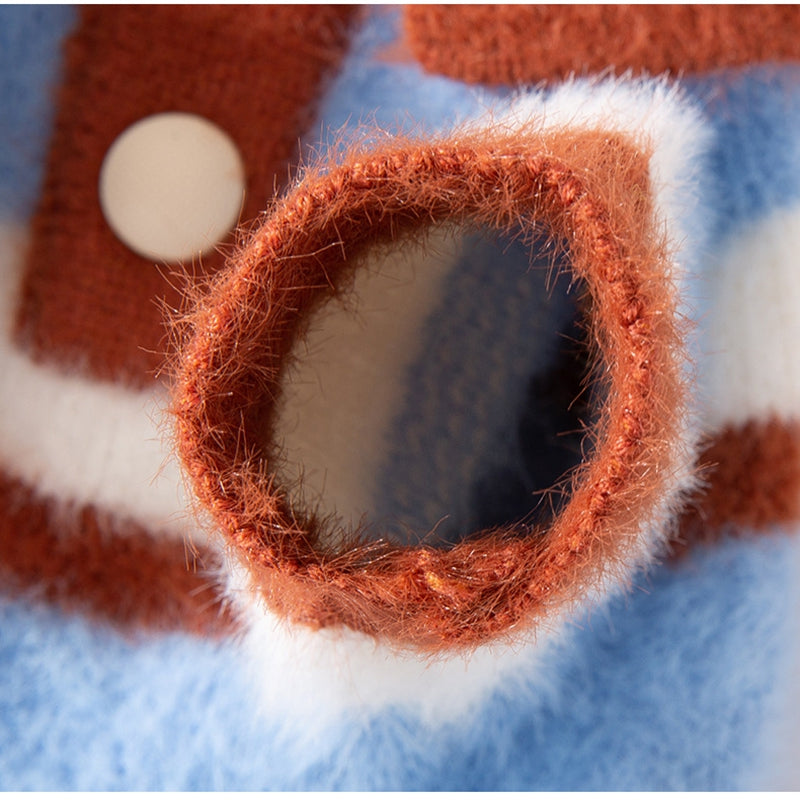 KFX-7432381 Polo Collar Pet Cardigan for Small Dogs - Warm Knit Sweater in Pink and Blue-Brown Stripes