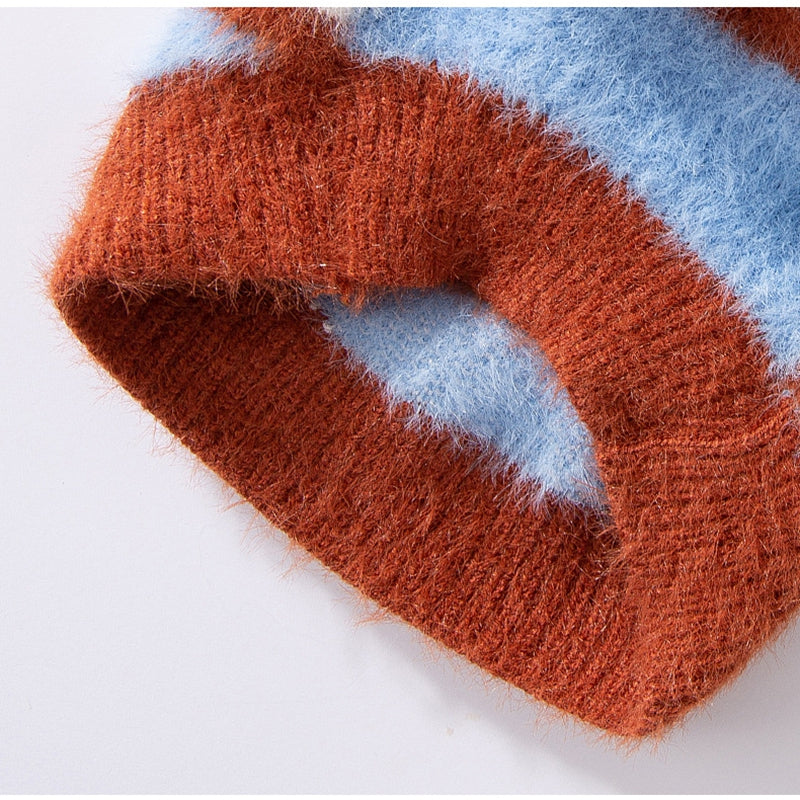 KFX-7432381 Polo Collar Pet Cardigan for Small Dogs - Warm Knit Sweater in Pink and Blue-Brown Stripes