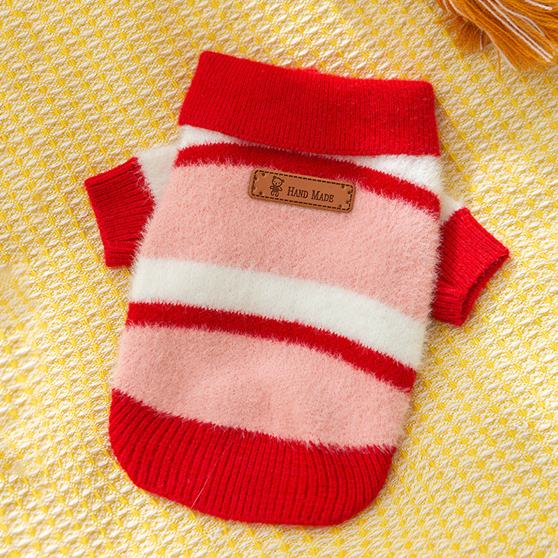 KFX-7432381 Polo Collar Pet Cardigan for Small Dogs - Warm Knit Sweater in Pink and Blue-Brown Stripes