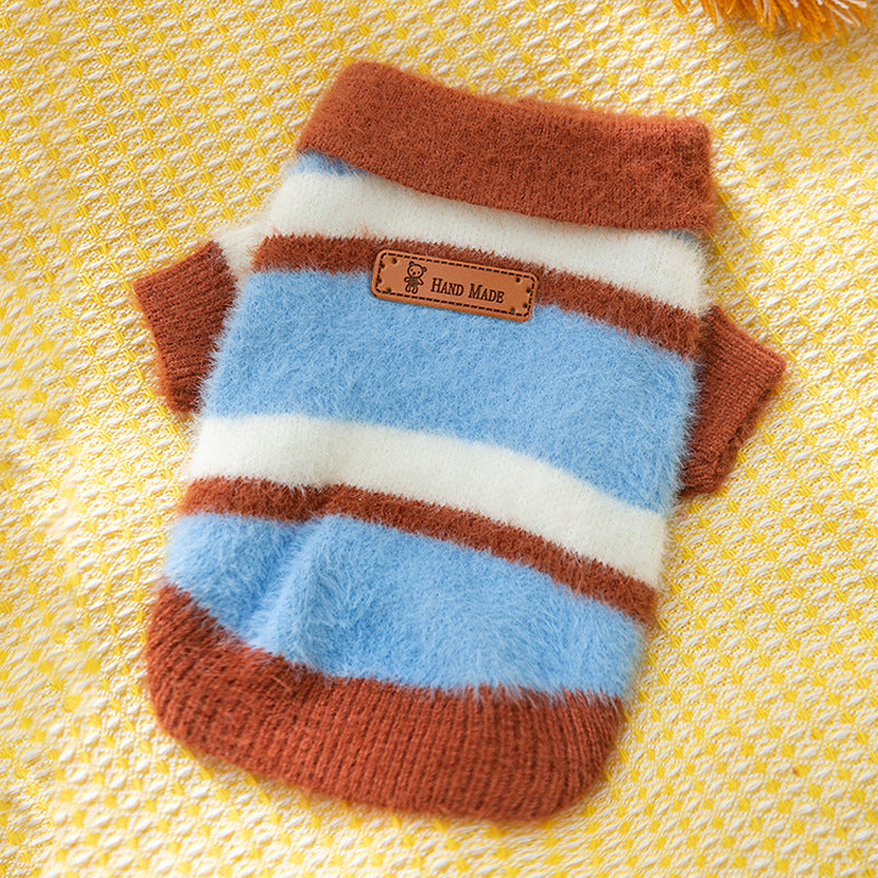 KFX-7432381 Polo Collar Pet Cardigan for Small Dogs - Warm Knit Sweater in Pink and Blue-Brown Stripes