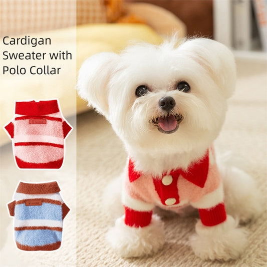 KFX-7432381 Polo Collar Pet Cardigan for Small Dogs - Warm Knit Sweater in Pink and Blue-Brown Stripes