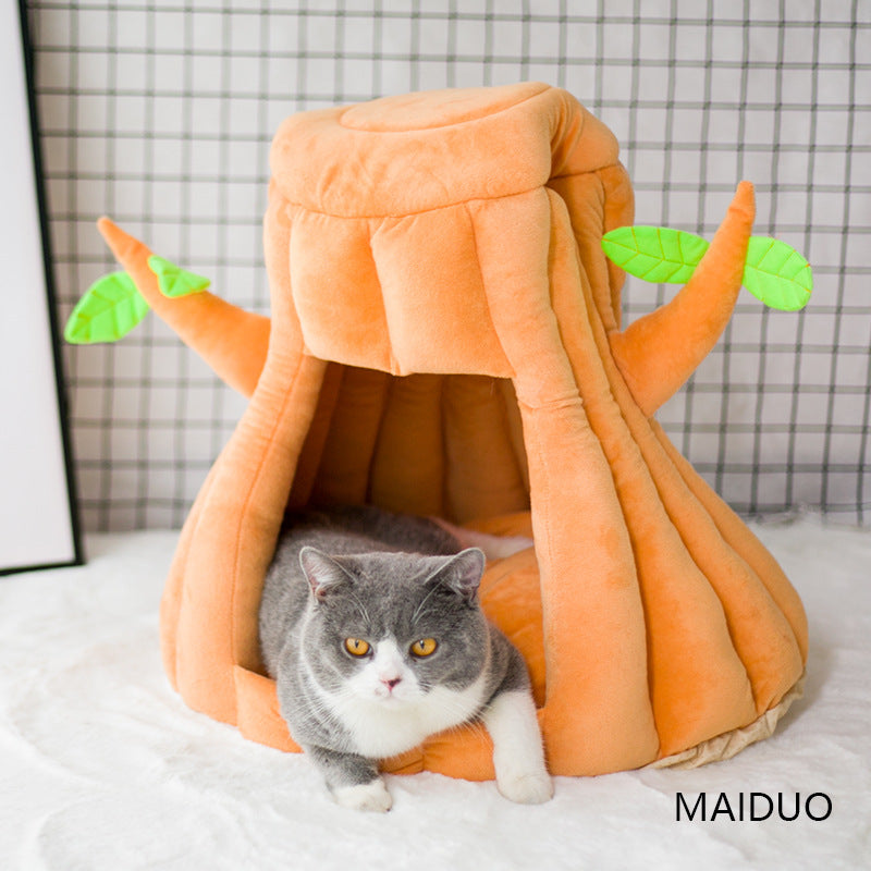 KFX-7435069 Cozy Tree-Shaped Cat Nest Made of Cotton and Plush for Play and Rest, Brown