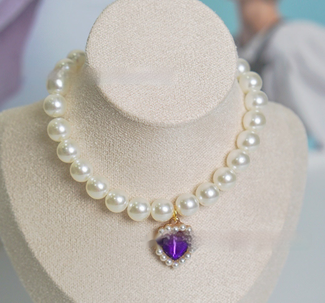 KFX-7435581 Charming Love Gem Cat Collar with Pearl Necklace - Available in Various Colors and Sizes