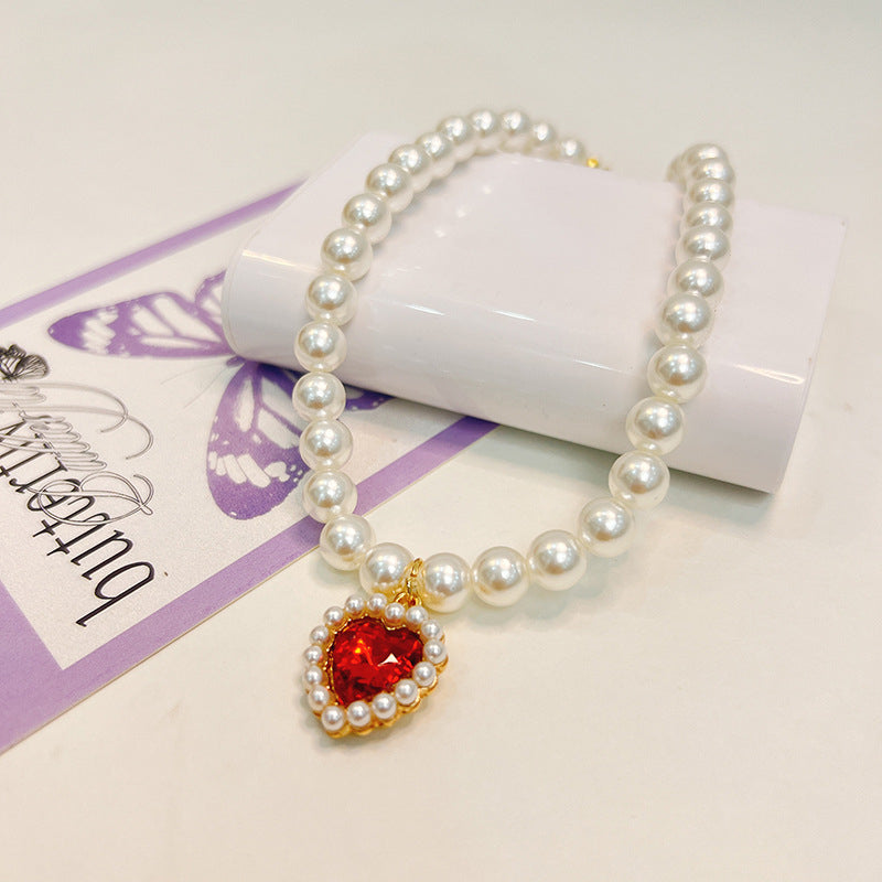 KFX-7435581 Charming Love Gem Cat Collar with Pearl Necklace - Available in Various Colors and Sizes