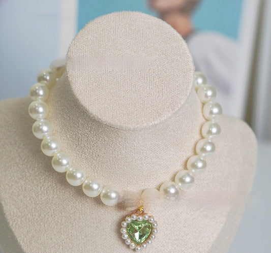 KFX-7435581 Charming Love Gem Cat Collar with Pearl Necklace - Available in Various Colors and Sizes