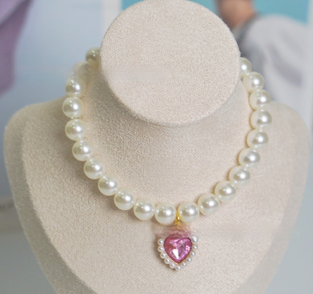 KFX-7435581 Charming Love Gem Cat Collar with Pearl Necklace - Available in Various Colors and Sizes