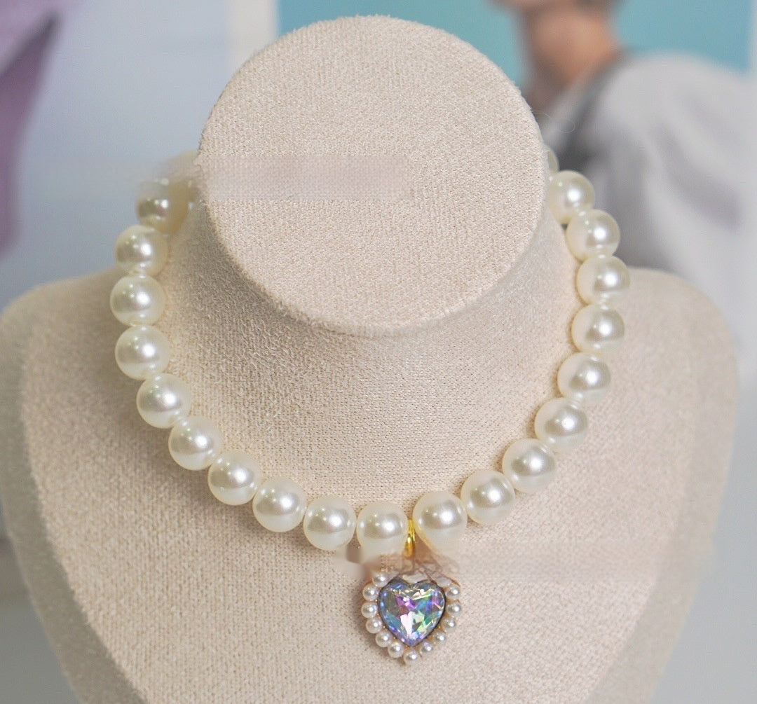 KFX-7435581 Charming Love Gem Cat Collar with Pearl Necklace - Available in Various Colors and Sizes