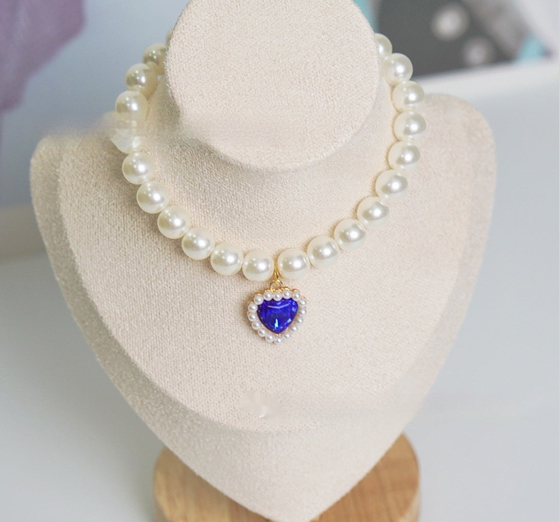 KFX-7435581 Charming Love Gem Cat Collar with Pearl Necklace - Available in Various Colors and Sizes