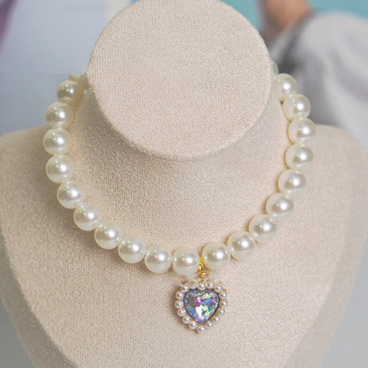 KFX-7435581 Charming Love Gem Cat Collar with Pearl Necklace - Available in Various Colors and Sizes