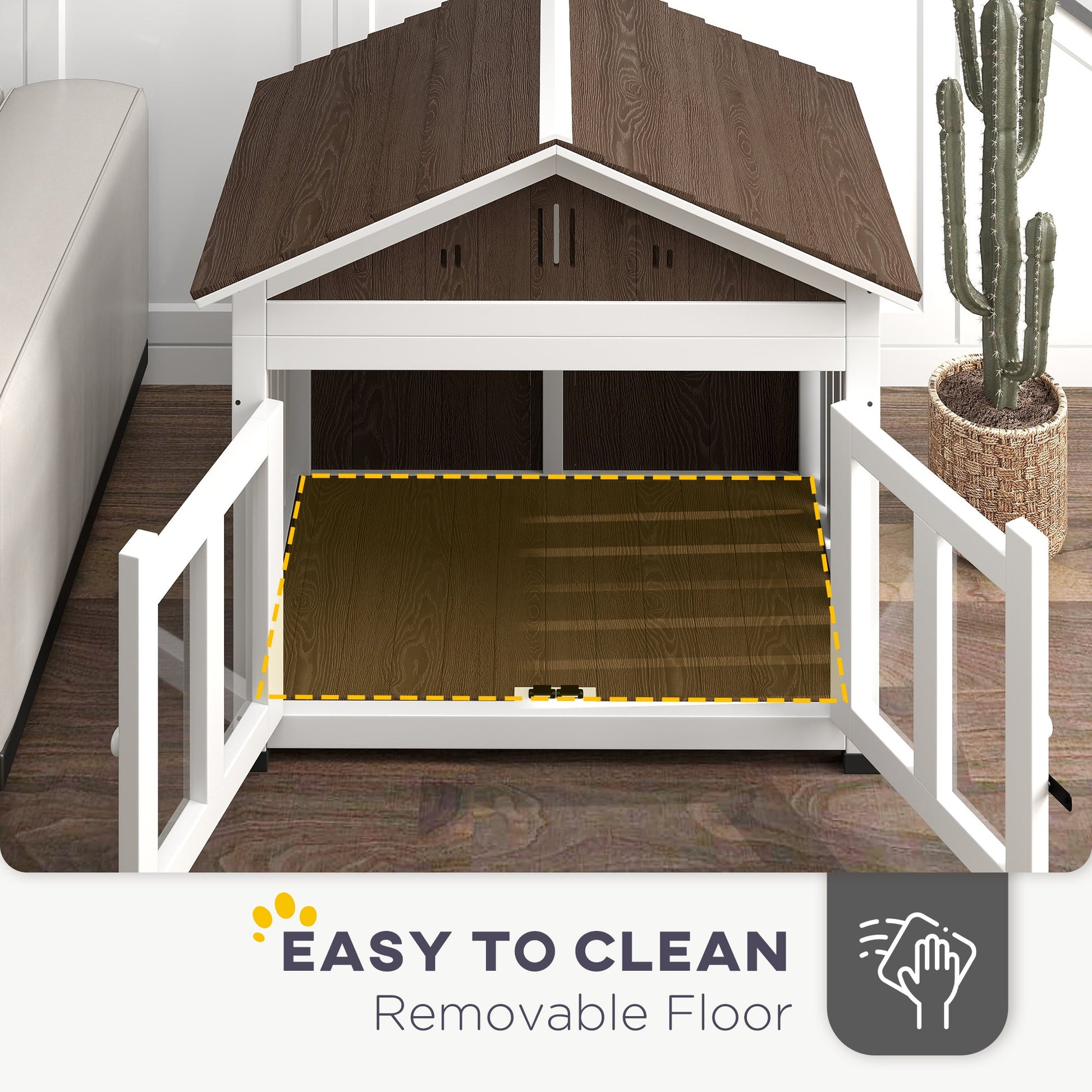 KFX-7437245 Cozy Indoor/Outdoor Wood Dog House with Magnetic Door and Removable Floor for Small Dogs